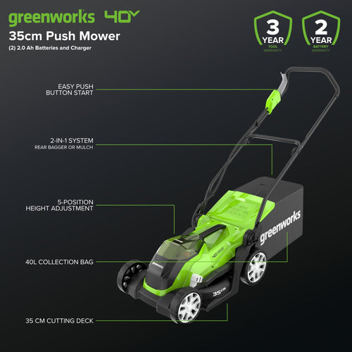 40V Cordless Lawn Mower with Batteries, Charger & 40L Grass Collection Bag